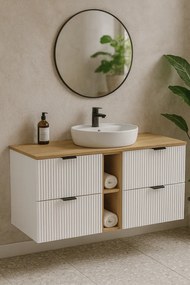 Ryflowana Szafka Biały Łazienkowa Z Szufladami + Orzech R0-A39
