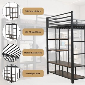 Łóżko piętrowe z żelaza - 120 x 200 cm - z biurkiem i schowkiem - stelaż z listew - żelazo + płyta wiórowa - czarne