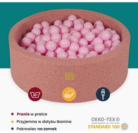 Okrągły suchy basen dla dziecka 90x40cm/300 piłek 7cm, boucle, różowy, piłki: pastelowy róż - meowbaby®