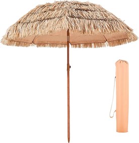 Hawajski Parasol SucceBuy, 1,8 m Egzotyczny Parasol z Regulowanym Nachyleniem i Dachcem ze Słomy PP, 8 Metalowych Żeber, do Plaży, Tarasu, Basenu, Ogrodu