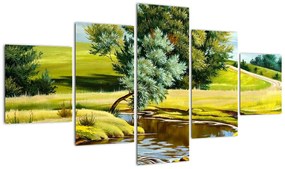 Obraz - rzeka między łąkami, obraz olejny (125x70 cm)