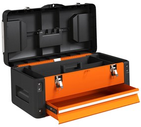 HOMCOM Pusta Skrzynka na Narzędzia, 49,7 x 25,3 x 23 cm, z Szufladą, Mini-Boxem, Stalowe, Pomarańczowe