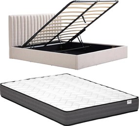 Łóżko ze skrzynią 180 x 200 cm z tkaniny – Beżowe + Materac - SARANELI