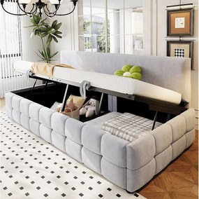 Sofa tapicerowana z funkcją spania - 90 x 200 cm - z hydraulicznym schowkiem + oparcie bez podłokietników - welur - jasnoszara