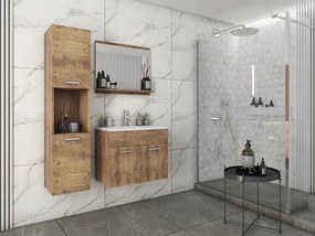 Zestaw mebli łazienkowych, komplet wiszący z umywalką, lustrem i słupkami, kasztan mat