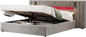 Łóżko dla dorosłych 180 x 200 cm – z portami USB i USB-C, oświetleniem LED – w kolorze aksamitnym – szarym – materac nie jest wliczony w cenę
