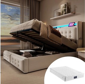 Łóżko tapicerowane dwuosobowe ze schowkiem - 160 x 200 cm - Materac + Leds + Zagłówek z USB - Drewno lite i bawełna - Beż