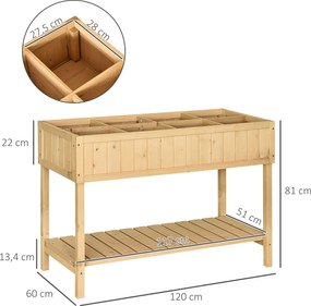 Outsunny Stół Ogrodowy do Sadzenia Drewno Jodłowe 6 Przegródek z Odpływem Półka Naturalny 120x60x81cm | Aosom PL