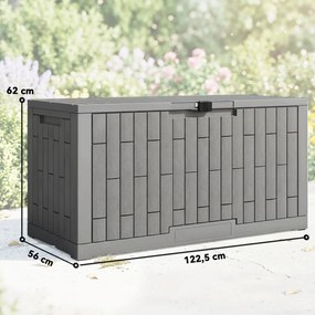 Outsunny Skrzynia Ogrodowa 379L Wodoodporna Zamykana UV Ochronna z Imitacją Drewna do Ogrodu 122,5x56x62cm Szara | Aosom PL