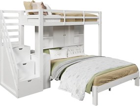 Łóżko piętrowe dla dzieci z półką do przechowywania - 90 x 200 cm + 140 x 200 cm - schody i wyjmowany stolik nocny - lite drewno + MDF - białe