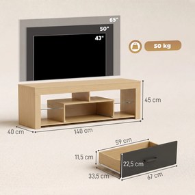 HOMCOM Lowboard RTV do telewizorów do 165,1 cm, nowoczesna szafka RTV z regulowanymi półkami szklanymi, dąb | Aosom PL