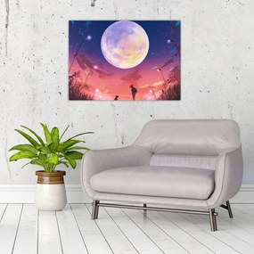 Obraz na szkle - Kobieta i pies w pełni księżyca (70x50 cm)