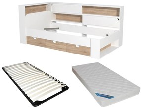 Łóżko 90 x 190 cm z miejscem do przechowywania - Kolor: Biały i naturalny + Stelaż + Materac - TAMADU