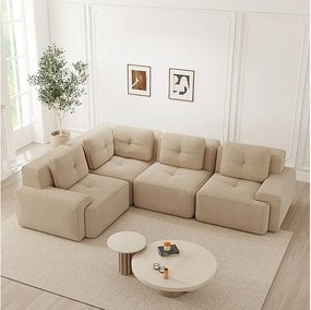 Canapé d'angle gauche modulable en velours côtelé - 4 places - avec 5 coussins - 382x177x69cm - Beige