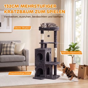 PawHut Drapak 132 cm wieża dla kota z jaskinią, słupy sizalowe, duża platforma, wielopoziomowy dla kotów średniej wielkości poniżej 6 kg | Aosom PL