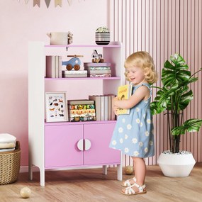 AIYAPLAY Regał na książki dla dzieci, 2 półki, 2 szafki, wolnostojący, design przeciwdziałający przewróceniu, antypoślizgowe stopy, MDF, Różowy+Biały