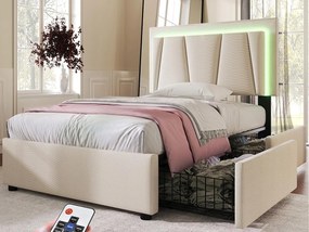 Łóżko tapicerowane 90x200cm z lnu - z 2 szufladami + LED + stelażem na listwy - Beżowe