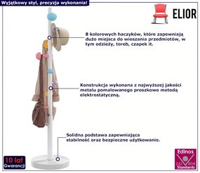 Biały stojący wieszak z kolorowymi haczykami - Larion