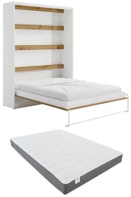 Łóżko chowane w szafie 160 × 200 cm – Otwieranie pionowe manualne – Oświetlenie LED – Białe i naturalne + Materac – RAPILI