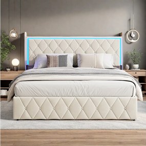 Podwójne łóżko z pojemną szufladą, tapicerowane aksamitem z oświetleniem LED 160x200 cm Beżowy Styl skandynawski