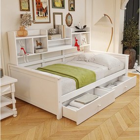 Sofa dziecięca rozkładana - 90 x 200 cm - z 2 szufladami + półkami + stelażem - drewno - kolor biały