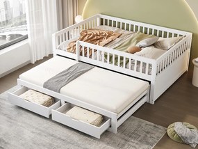 Sofa z łóżkiem z litego drewna 140×200 cm - z łóżkiem wysuwanym - 2 szuflady - z ogrodzeniem zabezpieczającym - białe (materac nie jest zawarty)