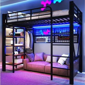 Łóżko piętrowe dla dzieci - 90 x 200 cm - rama żeliwna - z półką do przechowywania + drążek na ubrania + diody LED - metalowe - czarne