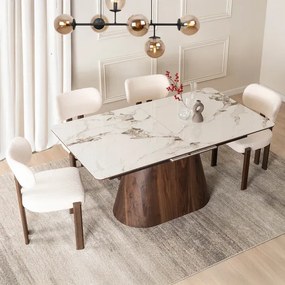 Zestaw Stół Rozkładany Ceramiczny LIZBONA 160-200 cm Biały Marmur/Orzech i 4 Krzesła Tapicerowane GRENADA Kremowe
