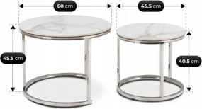 Zestaw Stolików Kawowych AMARA 45,5 cm/60 cm Biały Marmur/Srebrny Glamour