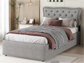 Łóżko tapicerowane z lnu z 2 szufladami - 90x200cm - wezgłowie ozdobione ćwiekami - Szare