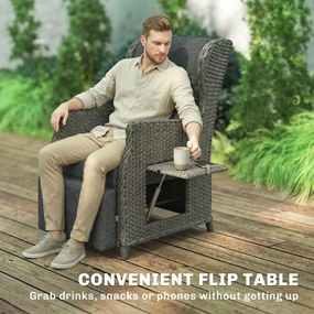 Outsunny Rattanowy fotel z bocznym stolikiem, leżak ogrodowy, regulowane oparcie i podnóżek, 81 x 58 x 98,5 cm, ciemnoszary | Aosom PL