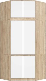 Szafa narożna z nadstawką AKORD S100 Dąb Sonoma 100 cm 6 drzwi kolor Biały mat 9 półek 100x50x235 cm