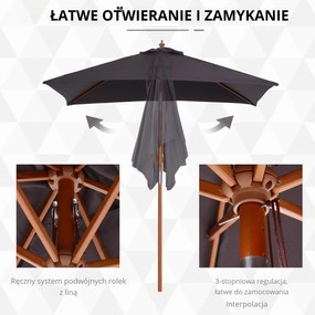 Outsunny Parasol Ogrodowy Drewno Jodłowe Poliester Ciemnoszary 3Stopniowa Regulacja 200x150x230cm | Aosom PL