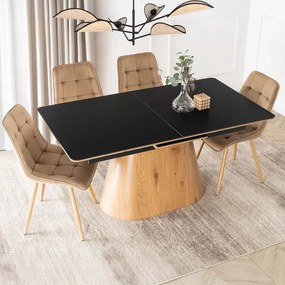Zestaw Stół Rozkładany Ceramiczny LIZBONA 160-200 cm Czarny/Dąb i 4 Krzesła Tapicerowane RODRI Beżowe
