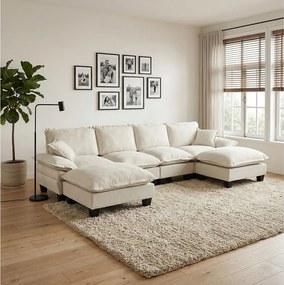 4-osobowa sofa modułowa w kształcie U z ruchomymi pufami, z beżowej tkaniny szenilowej