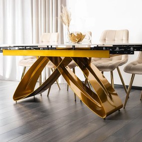 Zestaw Stół Rozkładany LUIGI 160-240 cm Czarny/Złoty i 4 Krzesła Tapicerowane YORK Czarne Glamour