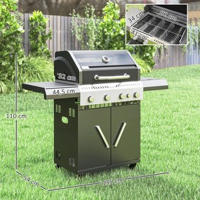 Outsunny Grill gazowy 12 KW na wózku z 5 palnikami bocznym palnikiem kółkami pokrywą termometrem bocznymi półkami 135 x 54 x 110 cm