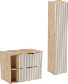 Zestaw Łazienkowy 80cm Szafka Blat Regał Słupek Ryflowane Fronty Kaszmir / Dąb Orzech