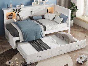 Łóżko banquette 90x200cm z LED i gniazdkami - z łóżkiem wysuwanym 90x190cm - Białe
