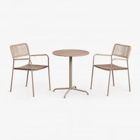 Zestaw Ogrodowy Z Okrągłym Stołem Ø65 Cm I 2 Sztaplowanymi Krzesłami Ogrodowymi Ze Stali I Drewna Akacjowego Tilda Moka Brown - Sklum