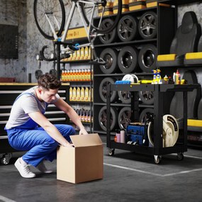 HOMCOM Wózek narzędziowy z 2-poziomowymi półkami, uchwyt, koła, Plastik, Czarny