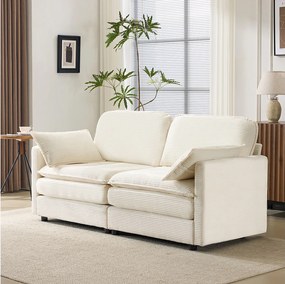 Biała sofa 2-osobowa - Prosta sofa z oparciem i poduszkami - sztruks - do salonu i sypialni