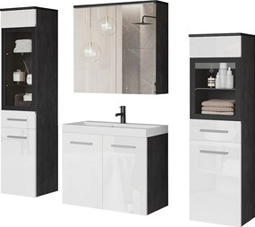 Meble łazienkowe z LED, zestaw wiszący do łazienki z umywalką, 2 słupkami i szafką lustrzaną, korpus antracyt, fronty biały połysk