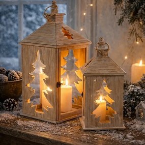 Zestaw latarni drewnianych Choinka, 2 szt., naturalny