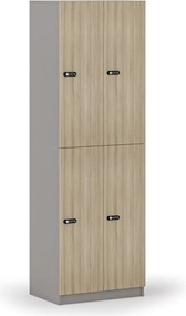 Drewniana szafka skrytkowa S4, 4 schowki, demontaż, zamek mechaniczny z kodem, szary/dąb naturalny