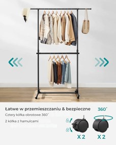 Stojak na ubrania dwupoziomowy JASON, 101-165x49x113-180cm, czarny SongmicsHome