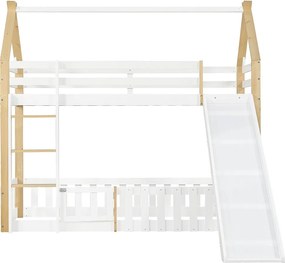 Łóżko piętrowe dla dzieci 90x200 cm ze zjeżdżalnią i barierkami ochronnymi, białe i naturalne – bez materaca
