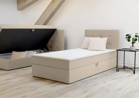 Wygodne łóżko jednoosobowe Bastian 90cm, miękkie wykończenie w beżowym kolorze, prawe