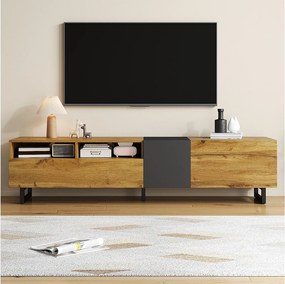 Szafka RTV 170 cm z 3 drzwiami i 2 schowkami, nogi metalowe czarne - naturalny i szary