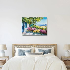 Obraz na szkle ogrodu przed domem, obraz olejny (70x50 cm)